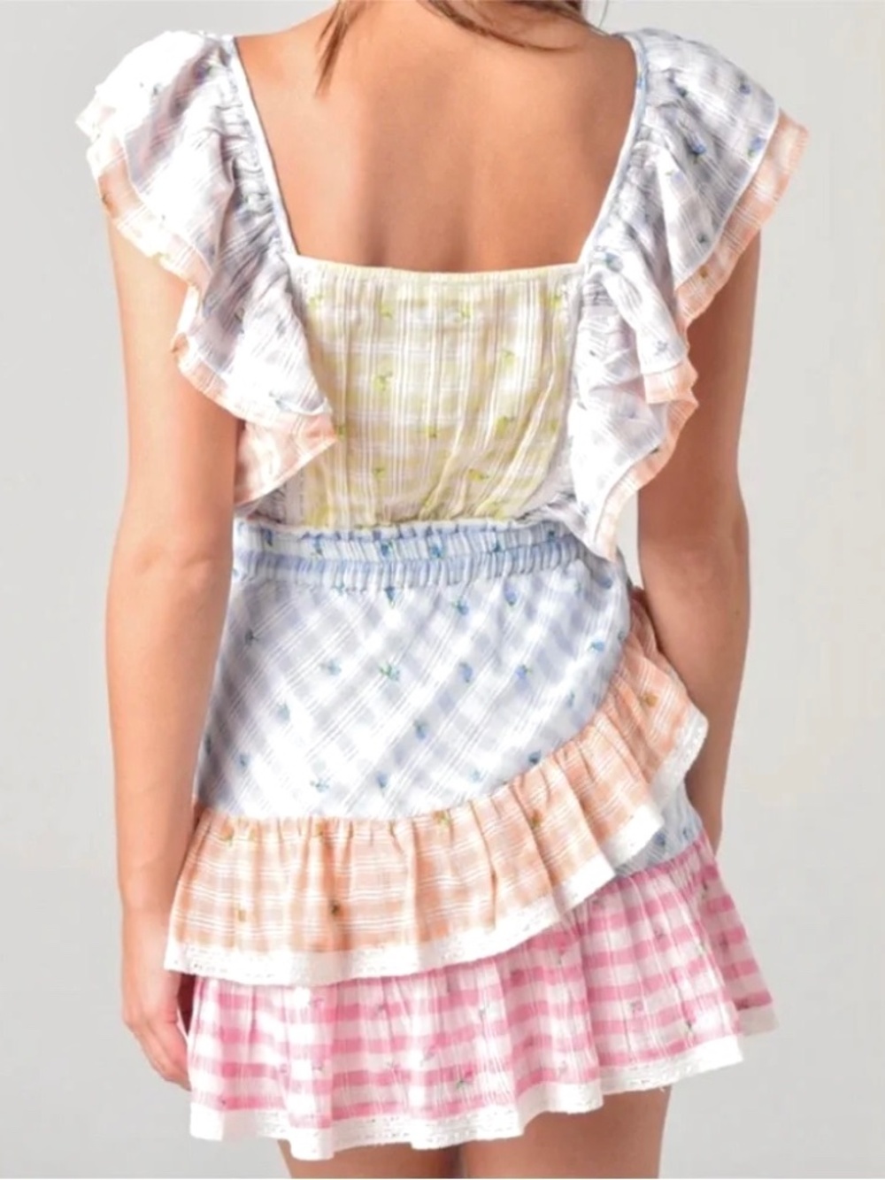 LOVESHACK FANCY Leon Ruffled Mini Dress in Mixed Check - S - Picture 3 of 14